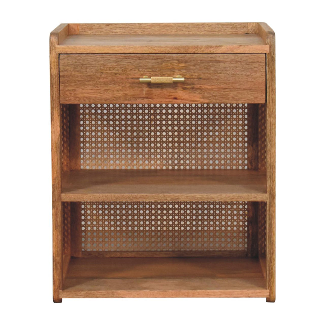 Solid Wood Larissa T-Bar Bedside, 1-Drawer, 2 Open-Slots, Light Brown