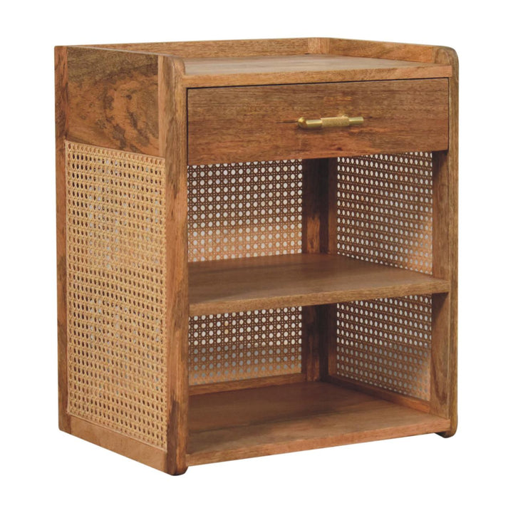 Solid Wood Larissa T-Bar Bedside, 1-Drawer, 2 Open-Slots, Light Brown