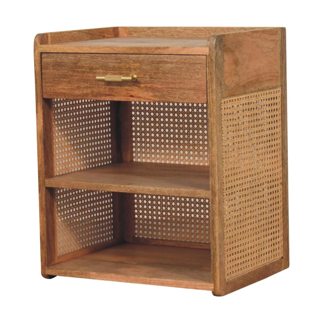 Solid Wood Larissa T-Bar Bedside, 1-Drawer, 2 Open-Slots, Light Brown
