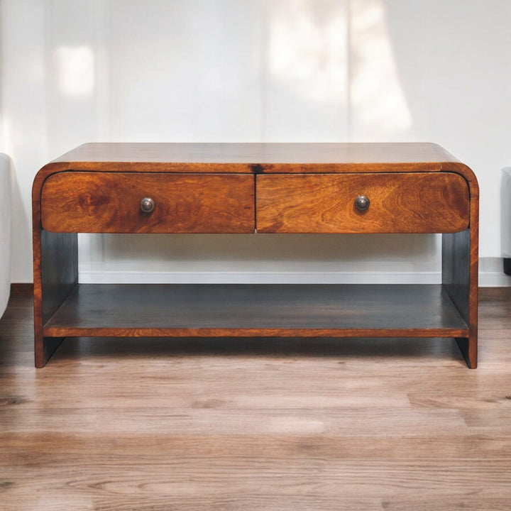 Solid Wood Aspen Slim Coffee Table, 4 Drawers, 1 Open Slot, Brown