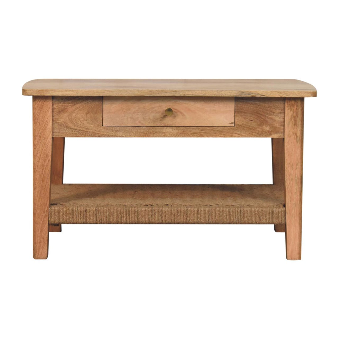 Solid Wood Rope Coffee Table, 2-Drawers, 1 Open Storage, Light Brown