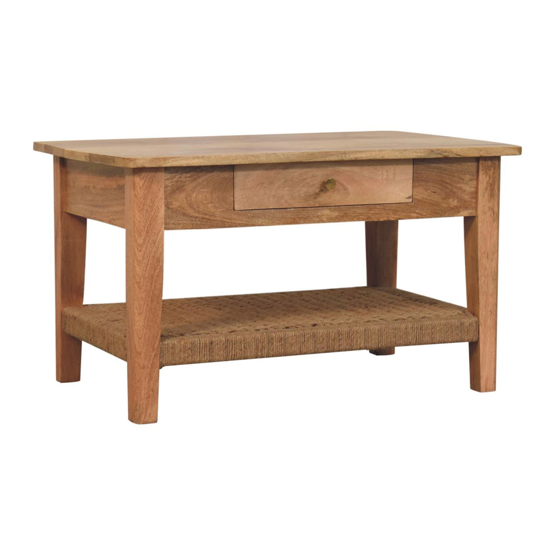 Solid Wood Rope Coffee Table, 2-Drawers, 1 Open Storage, Light Brown