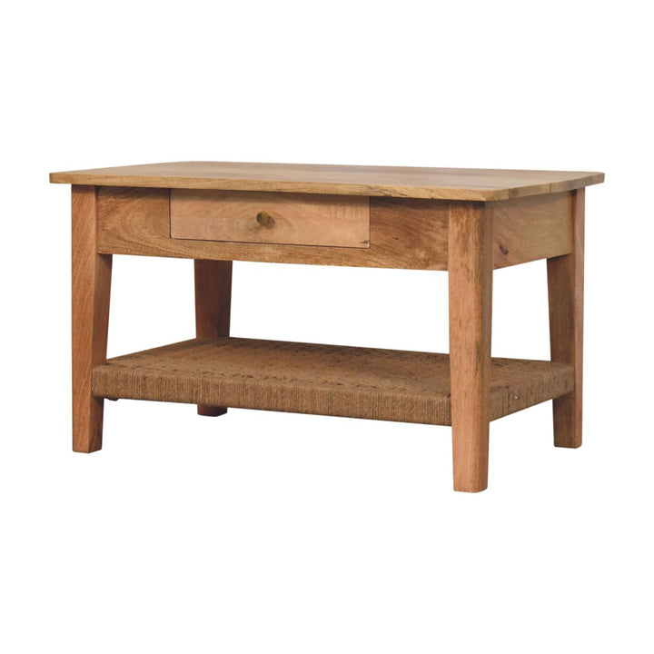 Solid Wood Rope Coffee Table, 2-Drawers, 1 Open Storage, Light Brown