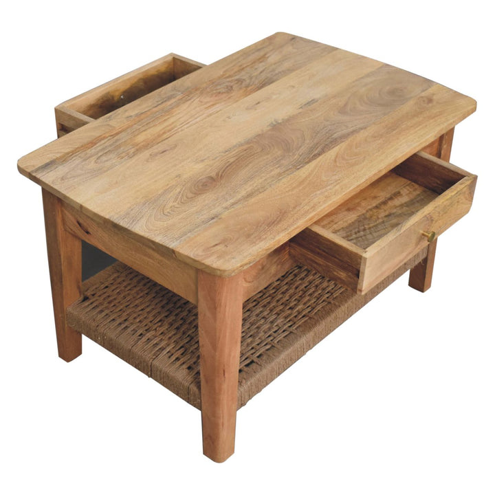 Solid Wood Rope Coffee Table, 2-Drawers, 1 Open Storage, Light Brown
