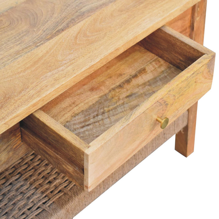 Solid Wood Rope Coffee Table, 2-Drawers, 1 Open Storage, Light Brown