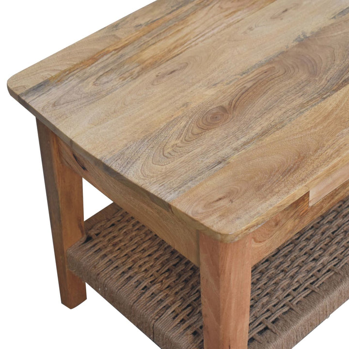 Solid Wood Rope Coffee Table, 2-Drawers, 1 Open Storage, Light Brown