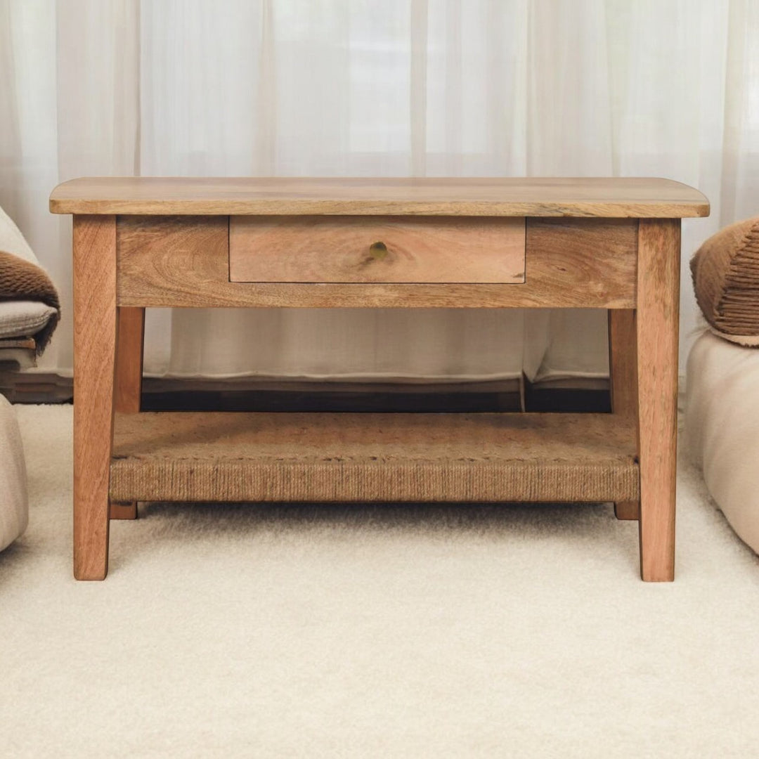 Solid Wood Rope Coffee Table, 2-Drawers, 1 Open Storage, Light Brown