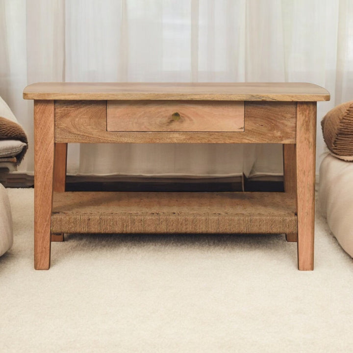 Solid Wood Rope Coffee Table, 2-Drawers, 1 Open Storage, Light Brown