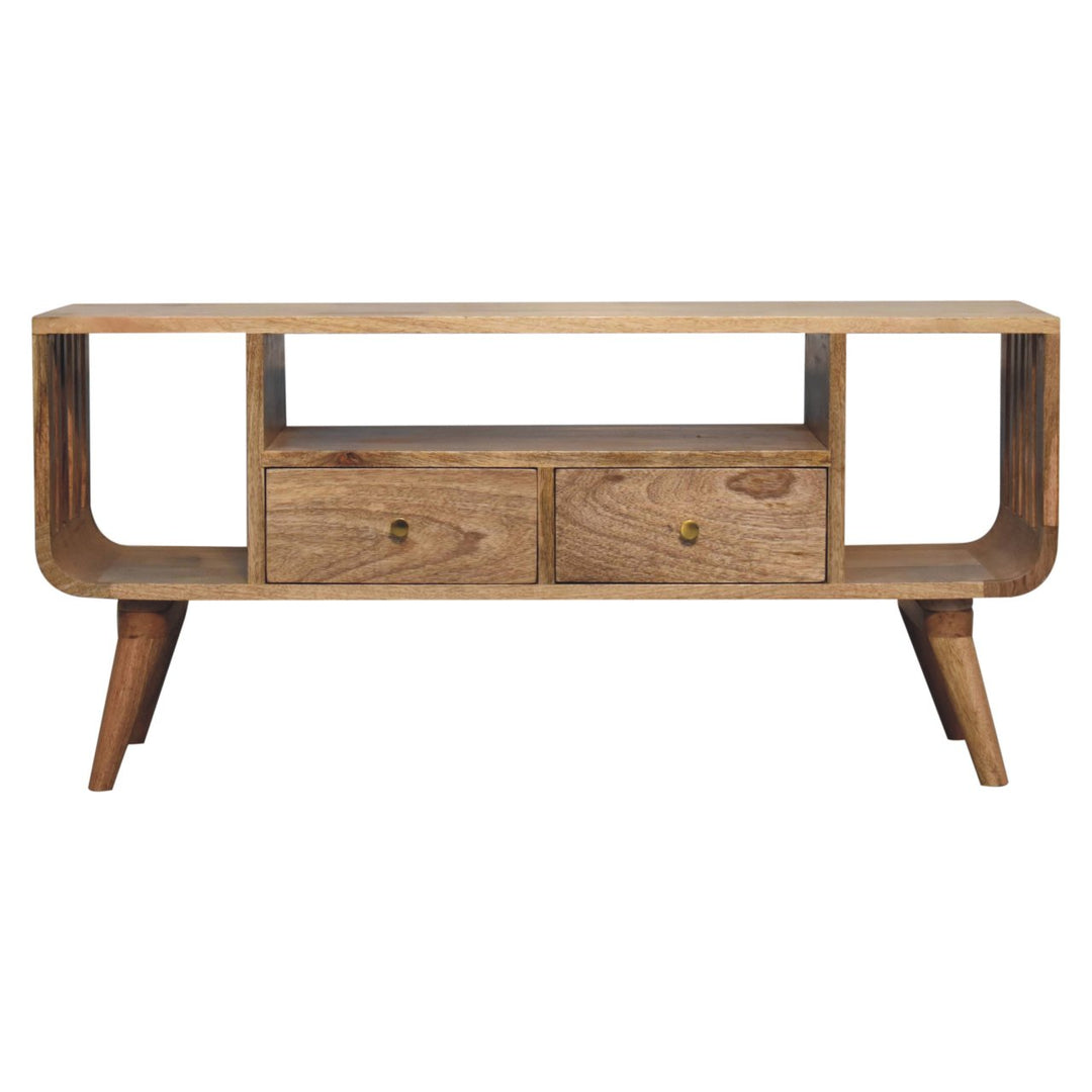 Solid Wood Soba Nordic Multi Media Unit, 2-Drawers, 3 Open-Slots, Light Brown