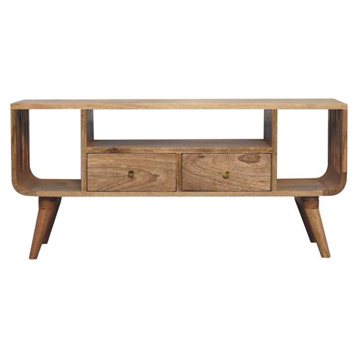 Solid Wood Soba Nordic Multi Media Unit, 2-Drawers, 3 Open-Slots, Light Brown