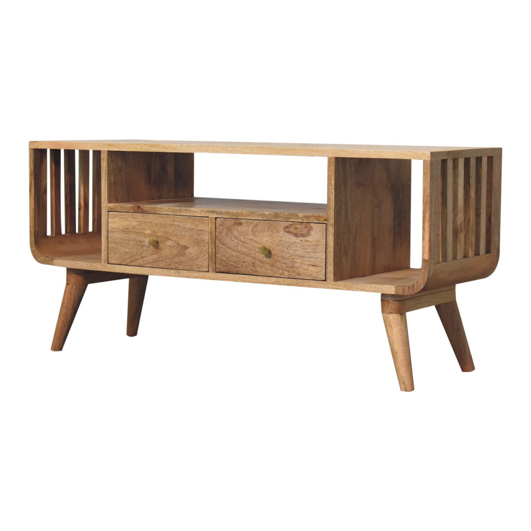 Solid Wood Soba Nordic Multi Media Unit, 2-Drawers, 3 Open-Slots, Light Brown