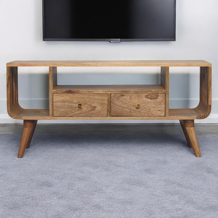 Solid Wood Soba Nordic Multi Media Unit, 2-Drawers, 3 Open-Slots, Light Brown