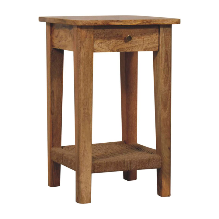 Solid Wood Rope End Table, 1-Drawer, 1 Open-Slot, Light Brown