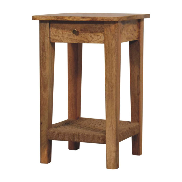 Solid Wood Rope End Table, 1-Drawer, 1 Open-Slot, Light Brown