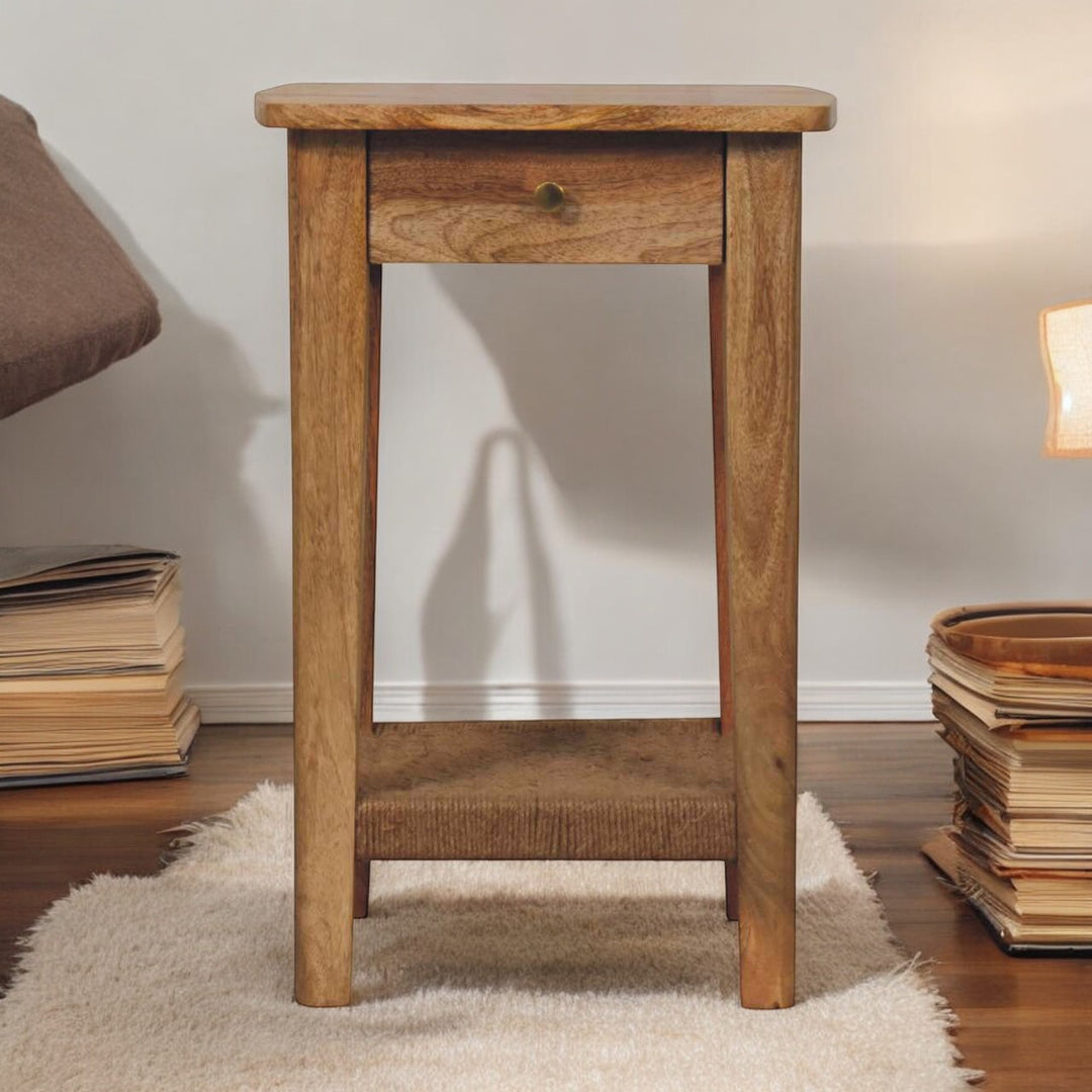 Solid Wood Rope End Table, 1-Drawer, 1 Open-Slot, Light Brown