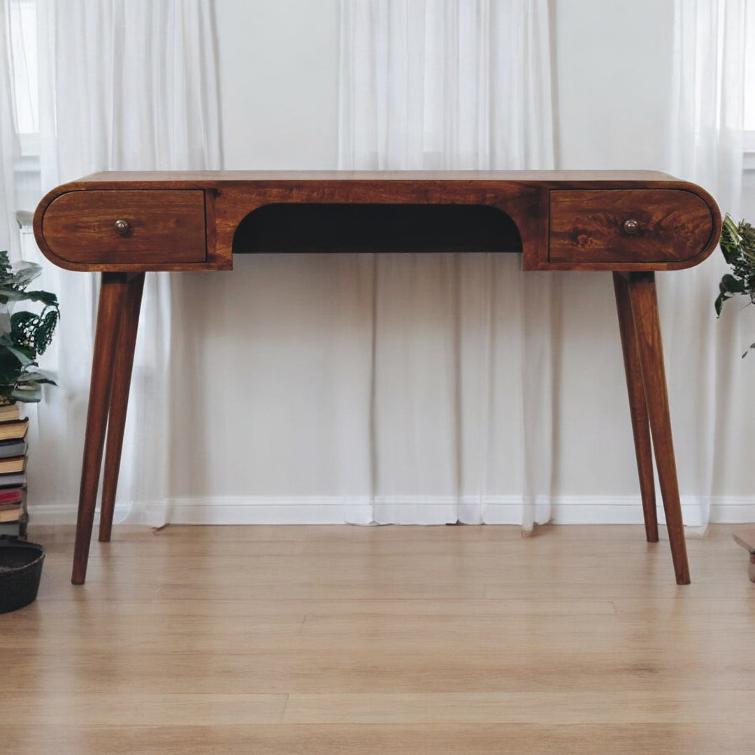 Solid Wood London Arch Writing Desk, 2-Drawers, Chestnut, Brown