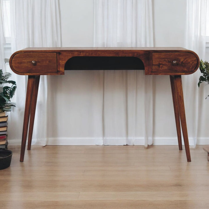 Solid Wood London Arch Writing Desk, 2-Drawers, Chestnut, Brown