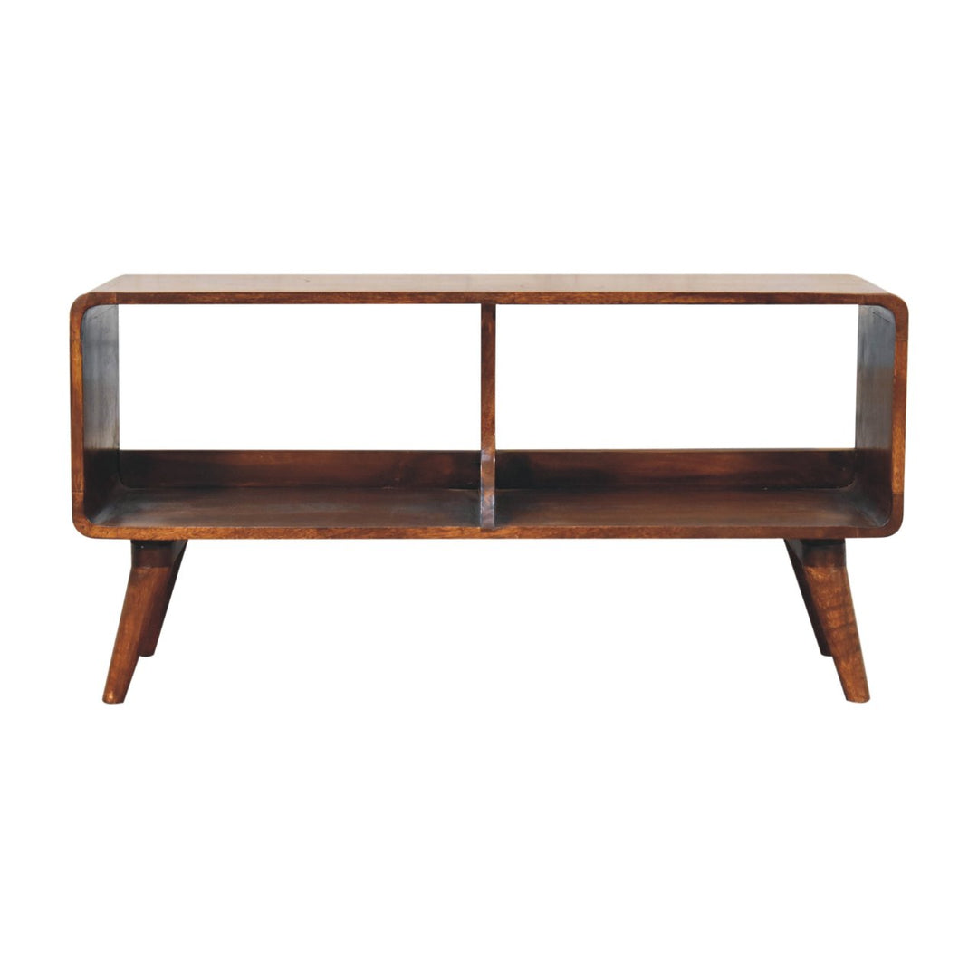 Solid Wood Curved Chestnut, Media Unit, Double Slot, Nordic Legs, Dark Brown
