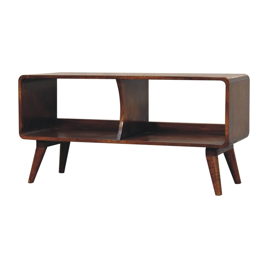 Solid Wood Curved Chestnut, Media Unit, Double Slot, Nordic Legs, Dark Brown