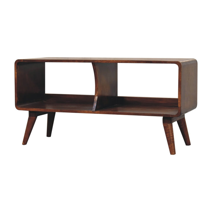 Solid Wood Curved Chestnut, Media Unit, Double Slot, Nordic Legs, Dark Brown
