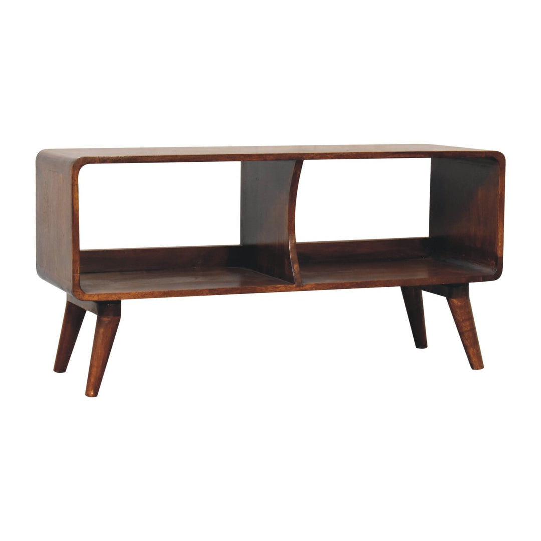 Solid Wood Curved Chestnut, Media Unit, Double Slot, Nordic Legs, Dark Brown