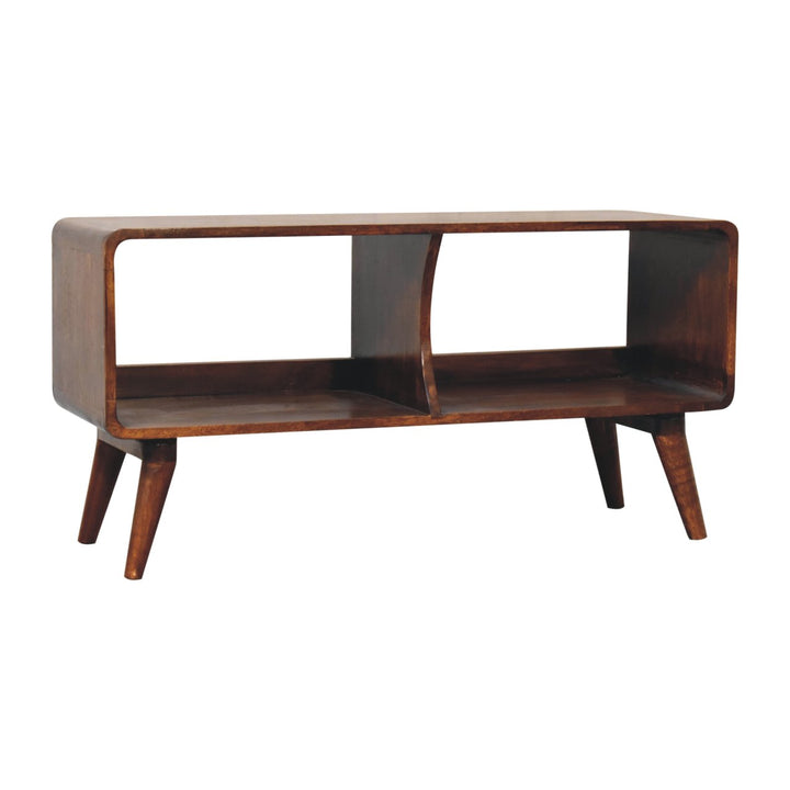 Solid Wood Curved Chestnut, Media Unit, Double Slot, Nordic Legs, Dark Brown