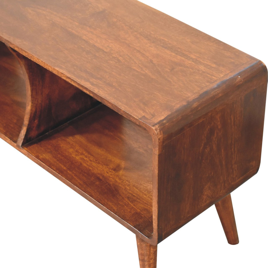 Solid Wood Curved Chestnut, Media Unit, Double Slot, Nordic Legs, Dark Brown