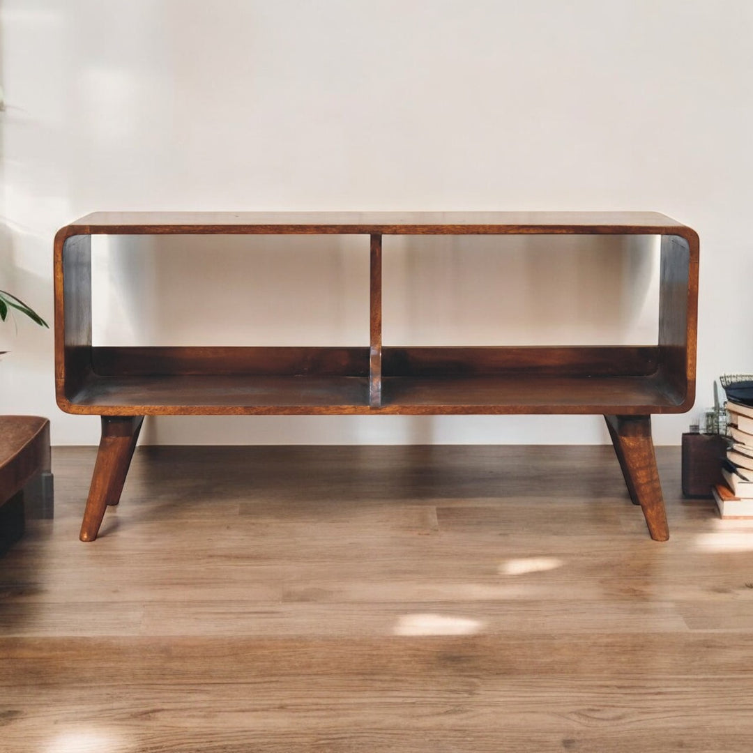 Solid Wood Curved Chestnut, Media Unit, Double Slot, Nordic Legs, Dark Brown