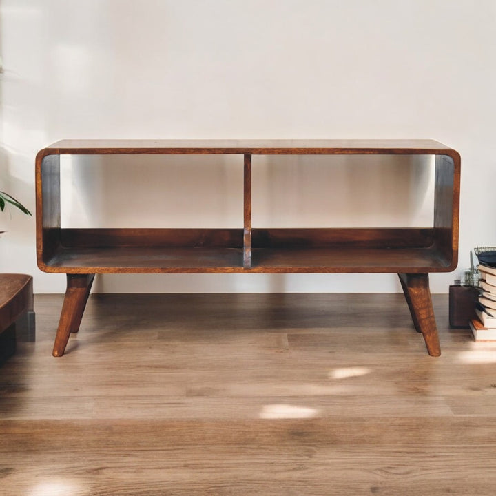 Solid Wood Curved Chestnut, Media Unit, Double Slot, Nordic Legs, Dark Brown
