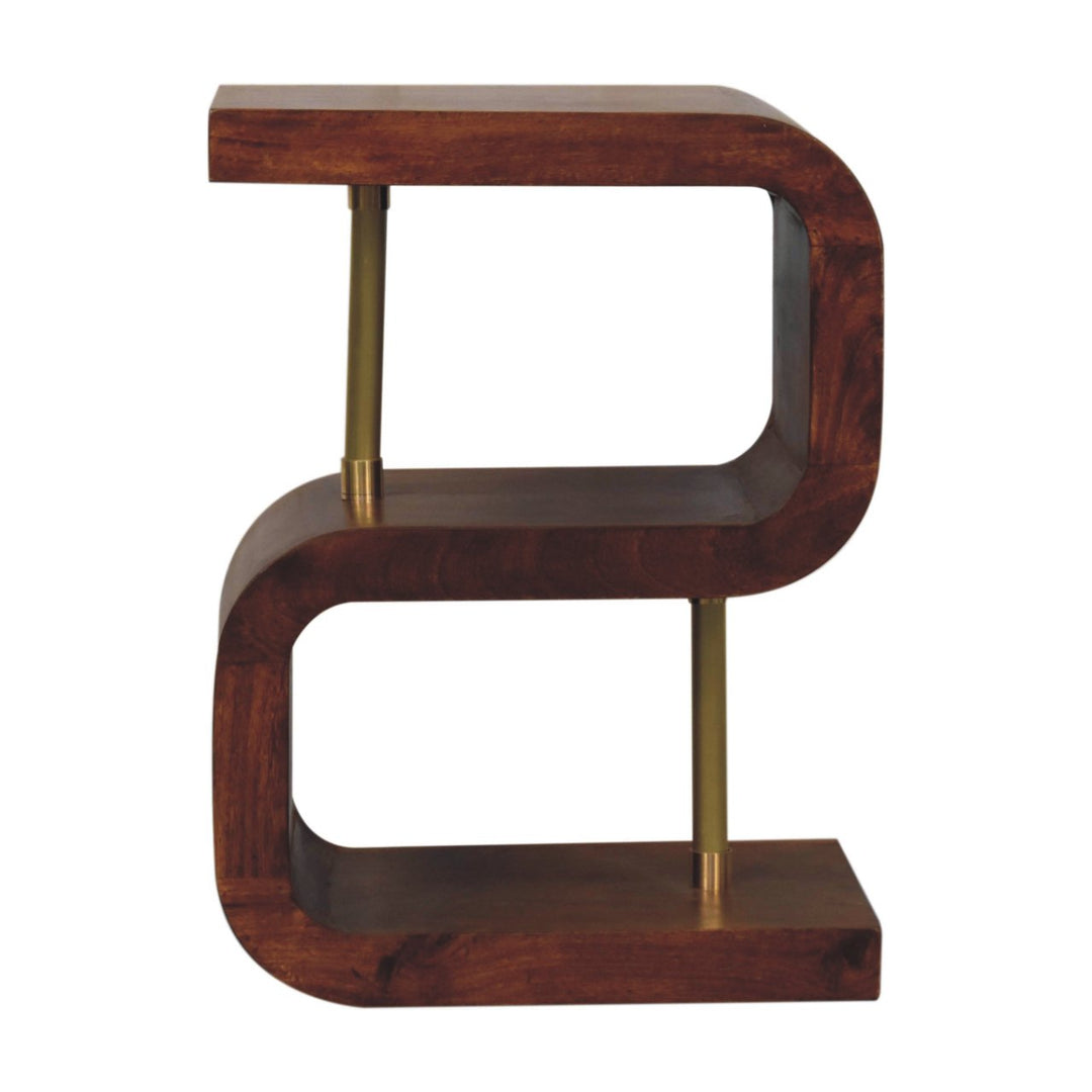 Solid Wood S-curve Brass Bedside, 2 Open-Storage, Dark Brown