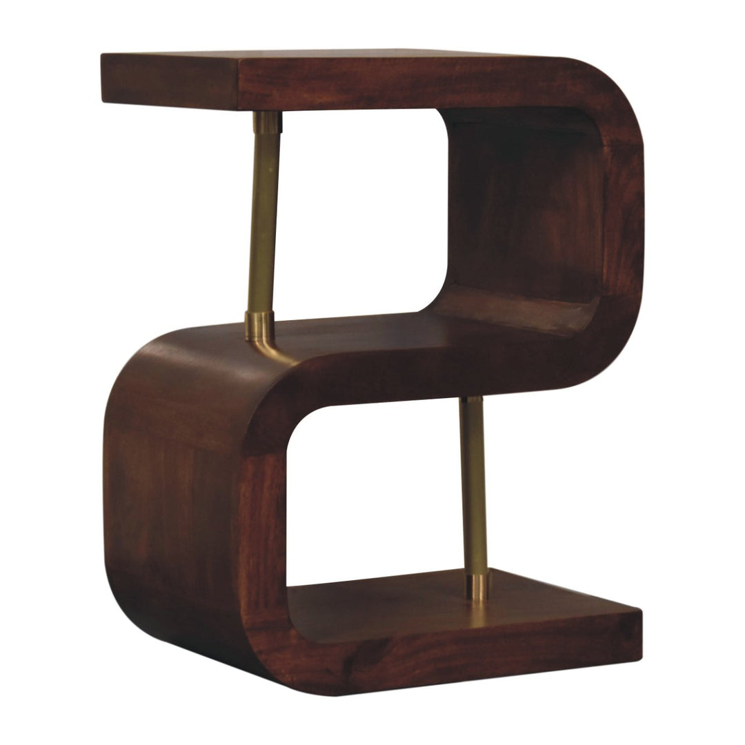 Solid Wood S-curve Brass Bedside, 2 Open-Storage, Dark Brown