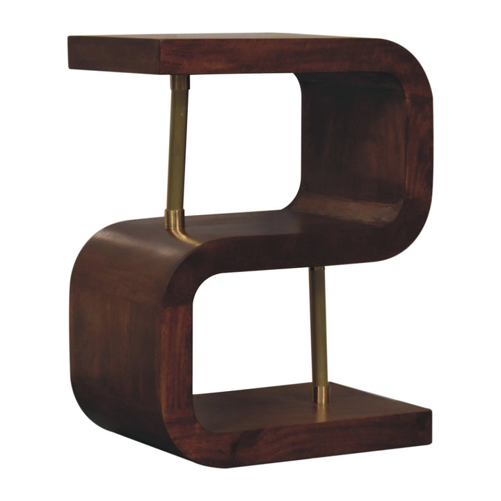 Solid Wood S-curve Brass Bedside, 2 Open-Storage, Dark Brown