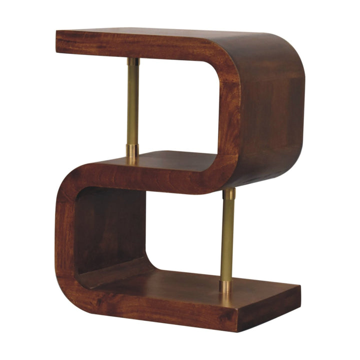 Solid Wood S-curve Brass Bedside, 2 Open-Storage, Dark Brown