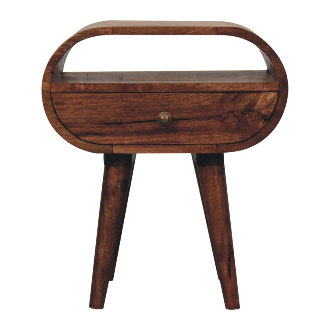 Solid Wood Honey Caramel Circular Bedside with Open Slot, 1-Drawer, Nordic Legs, Dark Brown