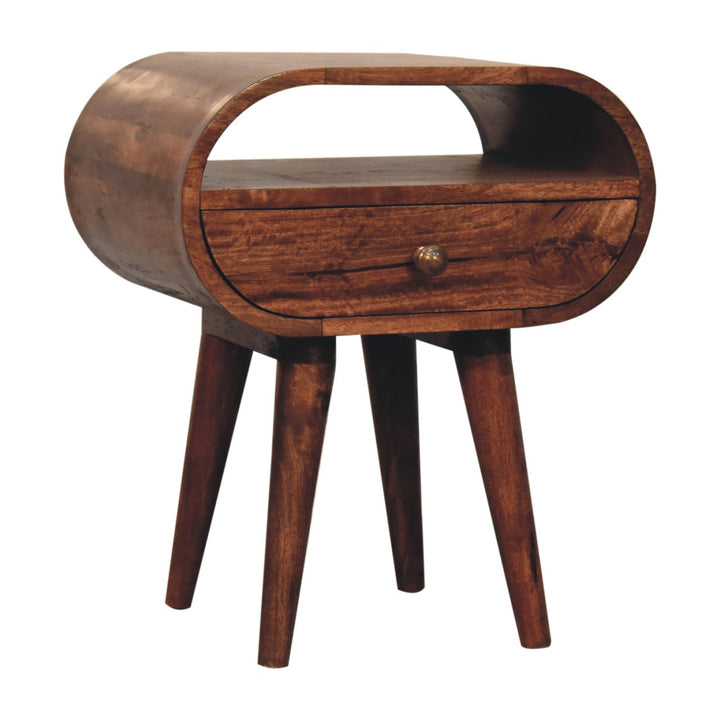 Solid Wood Honey Caramel Circular Bedside with Open Slot, 1-Drawer, Nordic Legs, Dark Brown