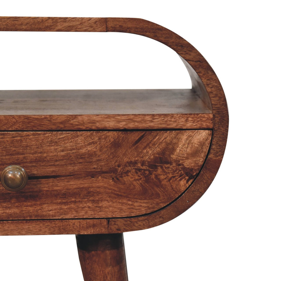 Solid Wood Honey Caramel Circular Bedside with Open Slot, 1-Drawer, Nordic Legs, Dark Brown
