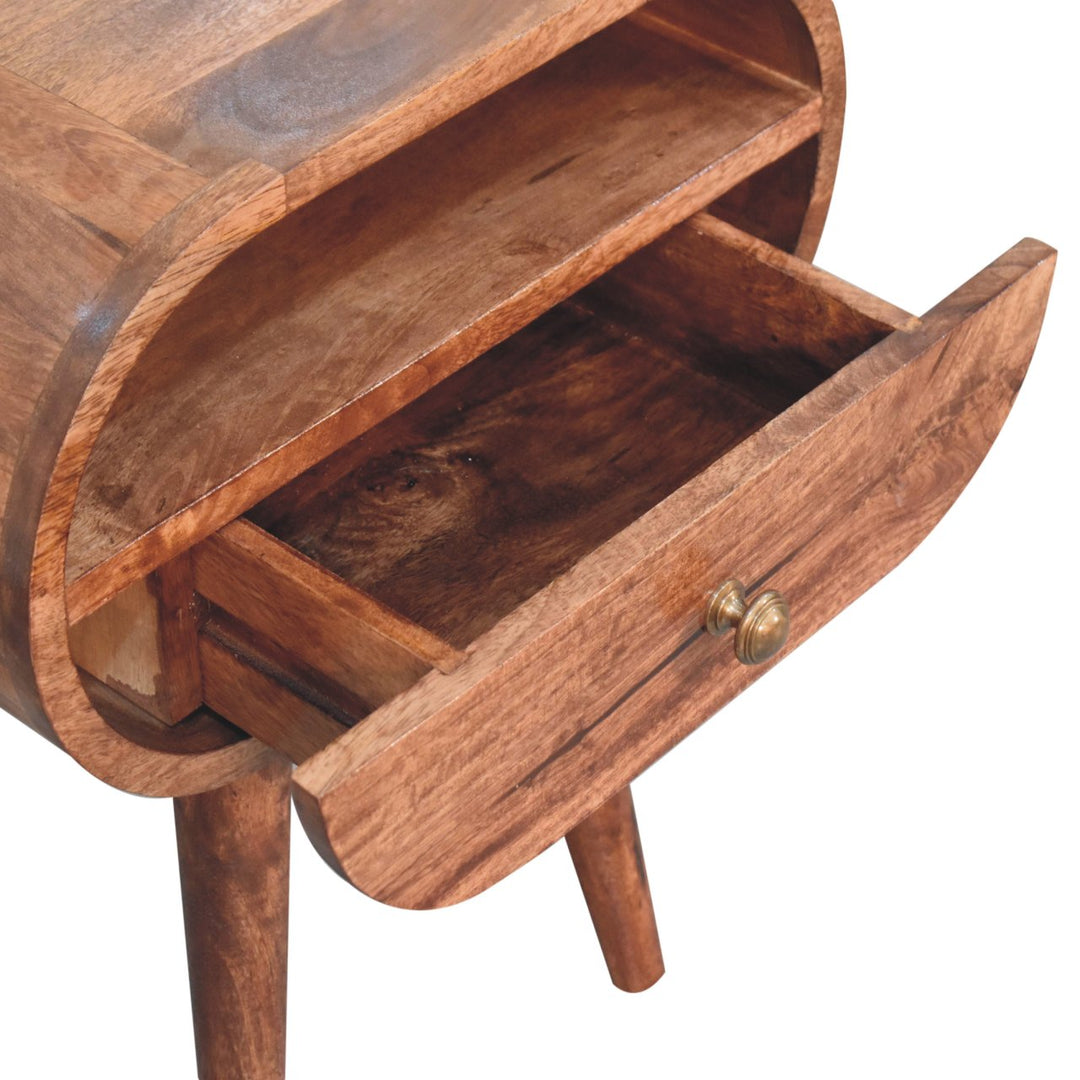 Solid Wood Honey Caramel Circular Bedside with Open Slot, 1-Drawer, Nordic Legs, Dark Brown