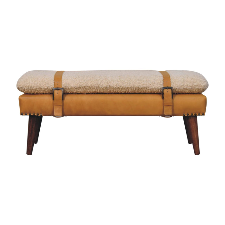 Solid Wood Boucle Tan Leather Bench, Nordic Legs, Tan and Beige
