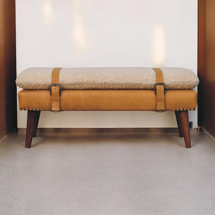 Solid Wood Boucle Tan Leather Bench, Nordic Legs, Tan and Beige