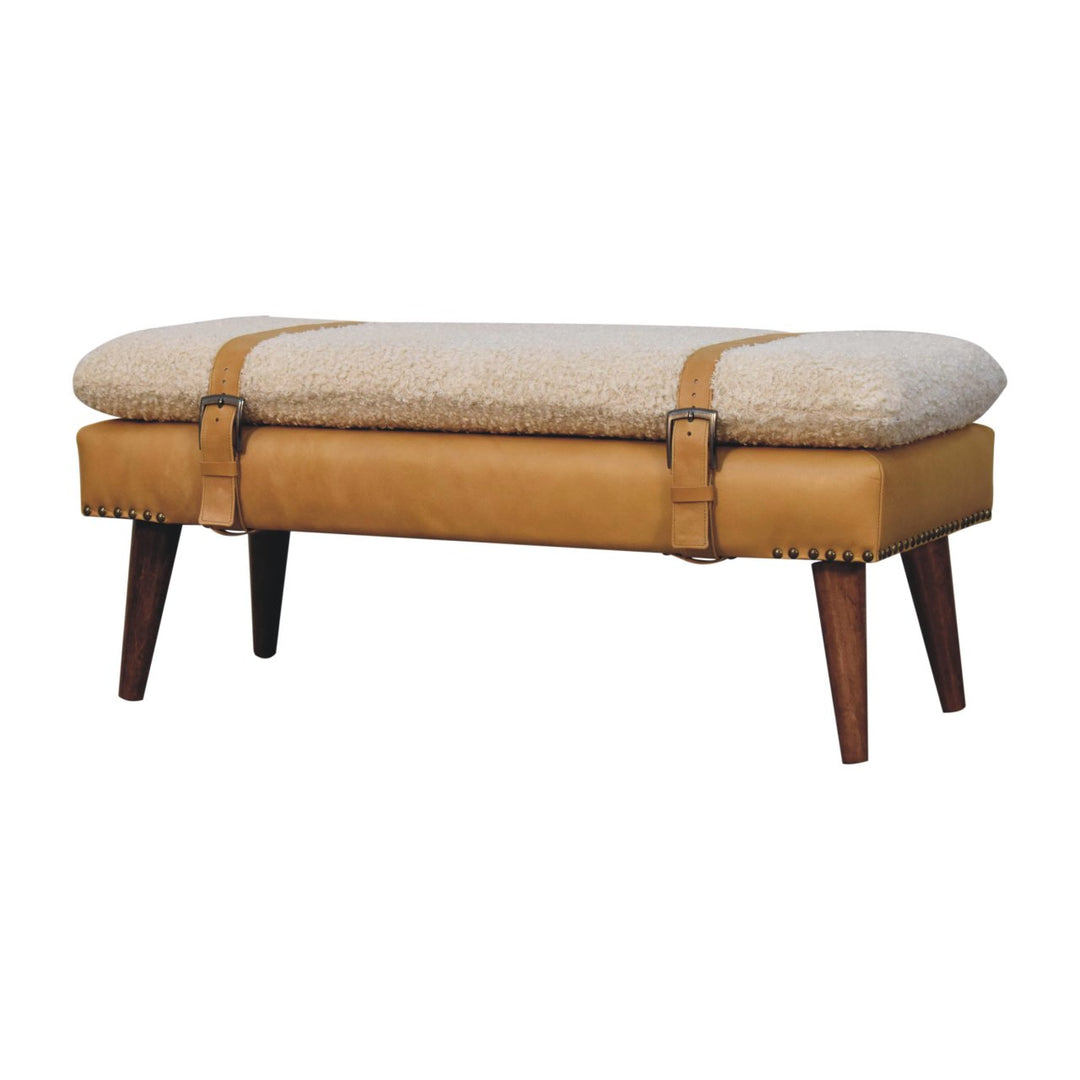 Solid Wood Boucle Tan Leather Bench, Nordic Legs, Tan and Beige