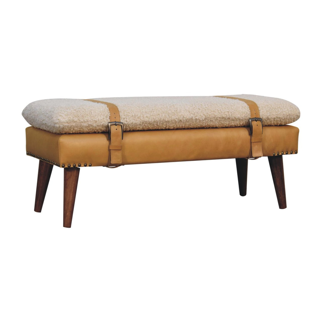 Solid Wood Boucle Tan Leather Bench, Nordic Legs, Tan and Beige