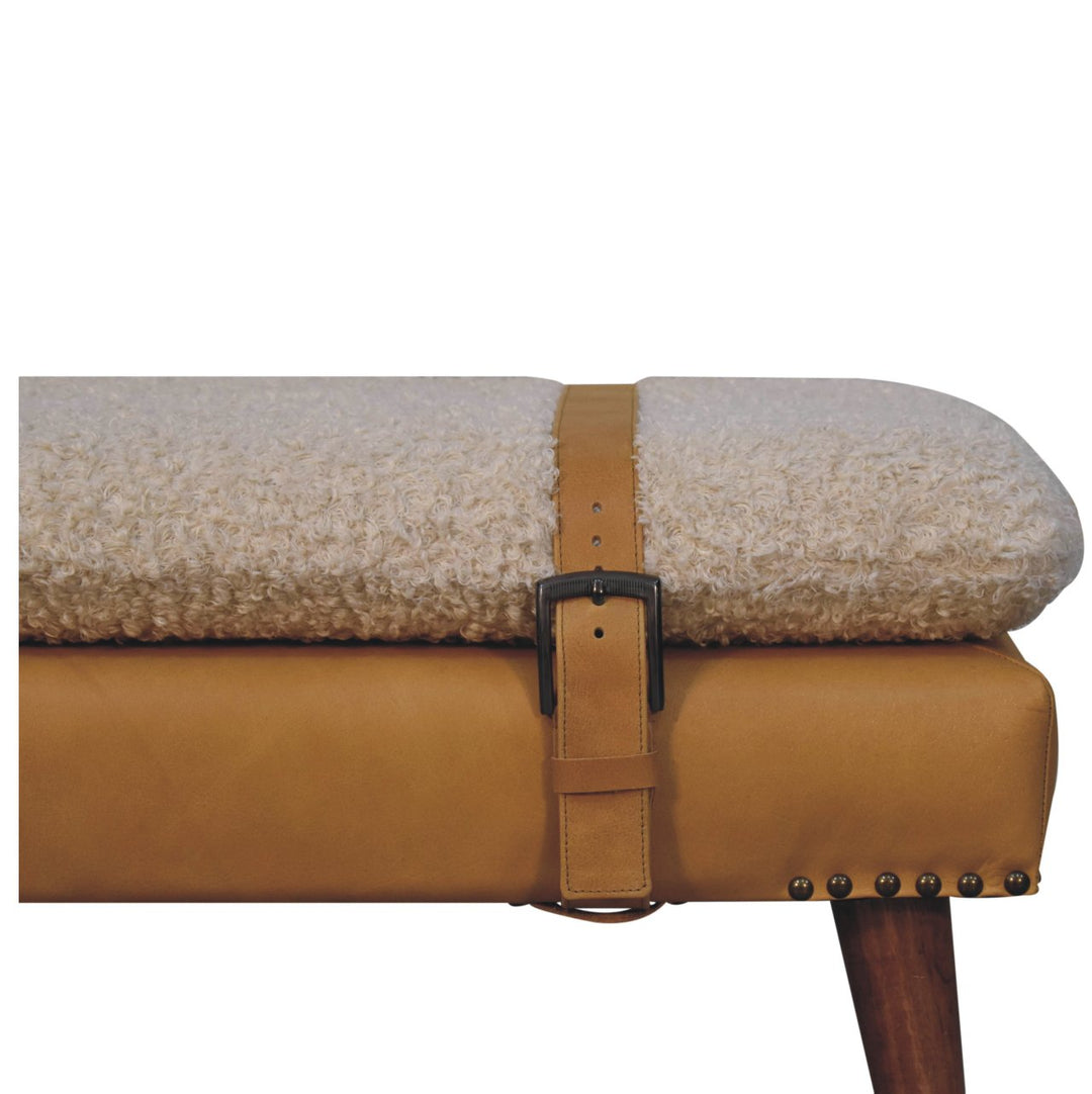 Solid Wood Boucle Tan Leather Bench, Nordic Legs, Tan and Beige