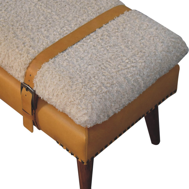 Solid Wood Boucle Tan Leather Bench, Nordic Legs, Tan and Beige