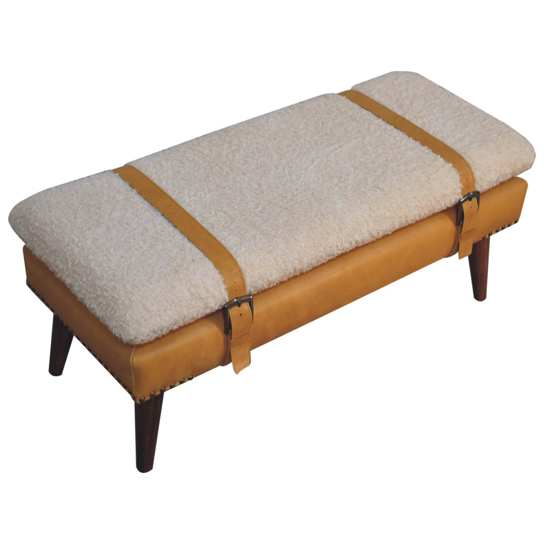 Solid Wood Boucle Tan Leather Bench, Nordic Legs, Tan and Beige