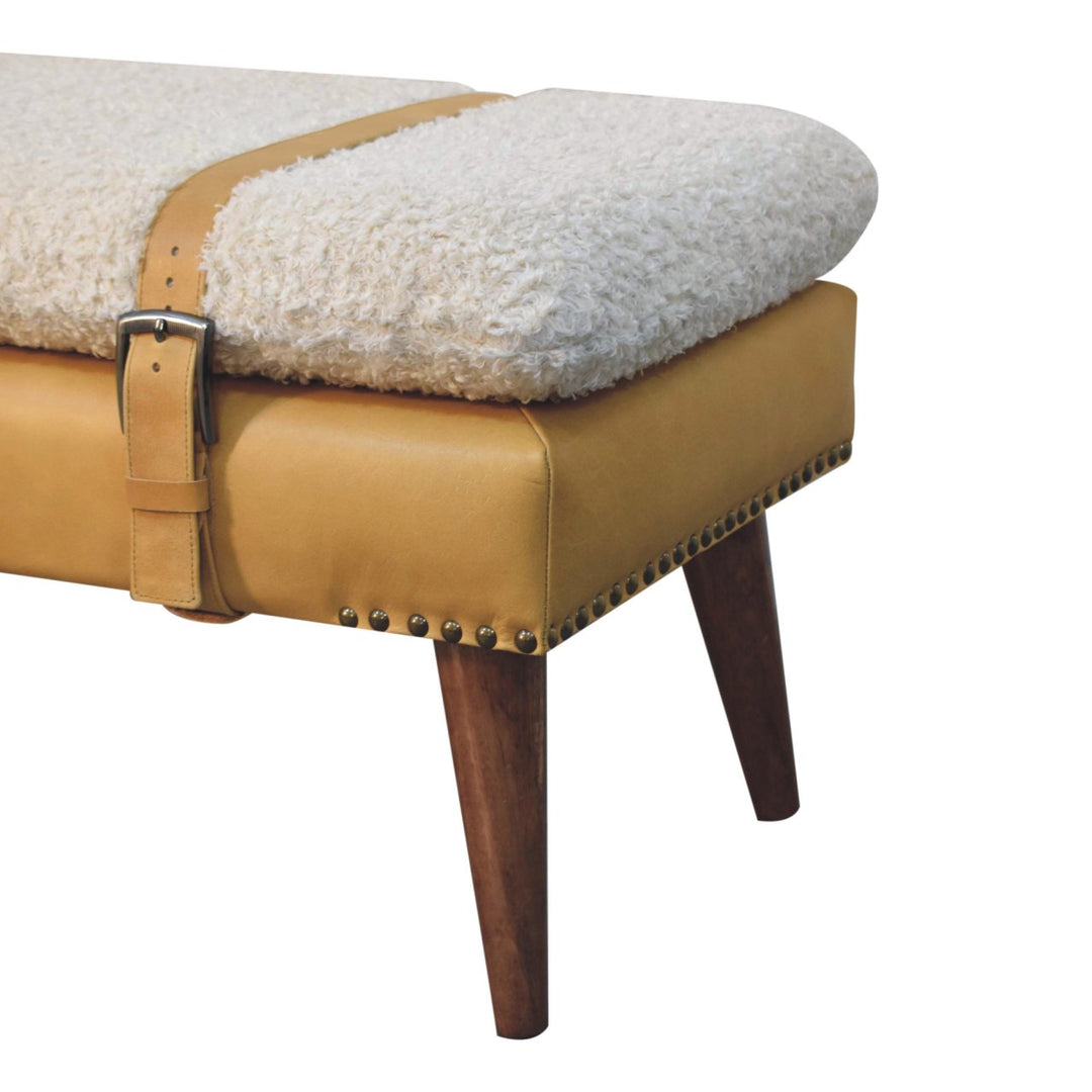 Solid Wood Boucle Tan Leather Bench, Nordic Legs, Tan and Beige