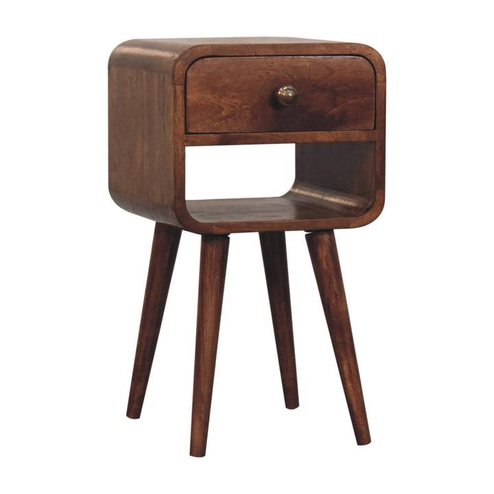 Solid Wood Mini Honey Caramel Curved Bedside, 1-Drawer, 1 Open-Slot, Nordic Legs, Brown