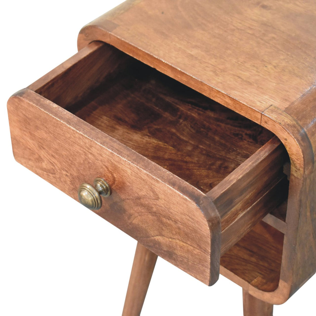 Solid Wood Mini Honey Caramel Curved Bedside, 1-Drawer, 1 Open-Slot, Nordic Legs, Brown
