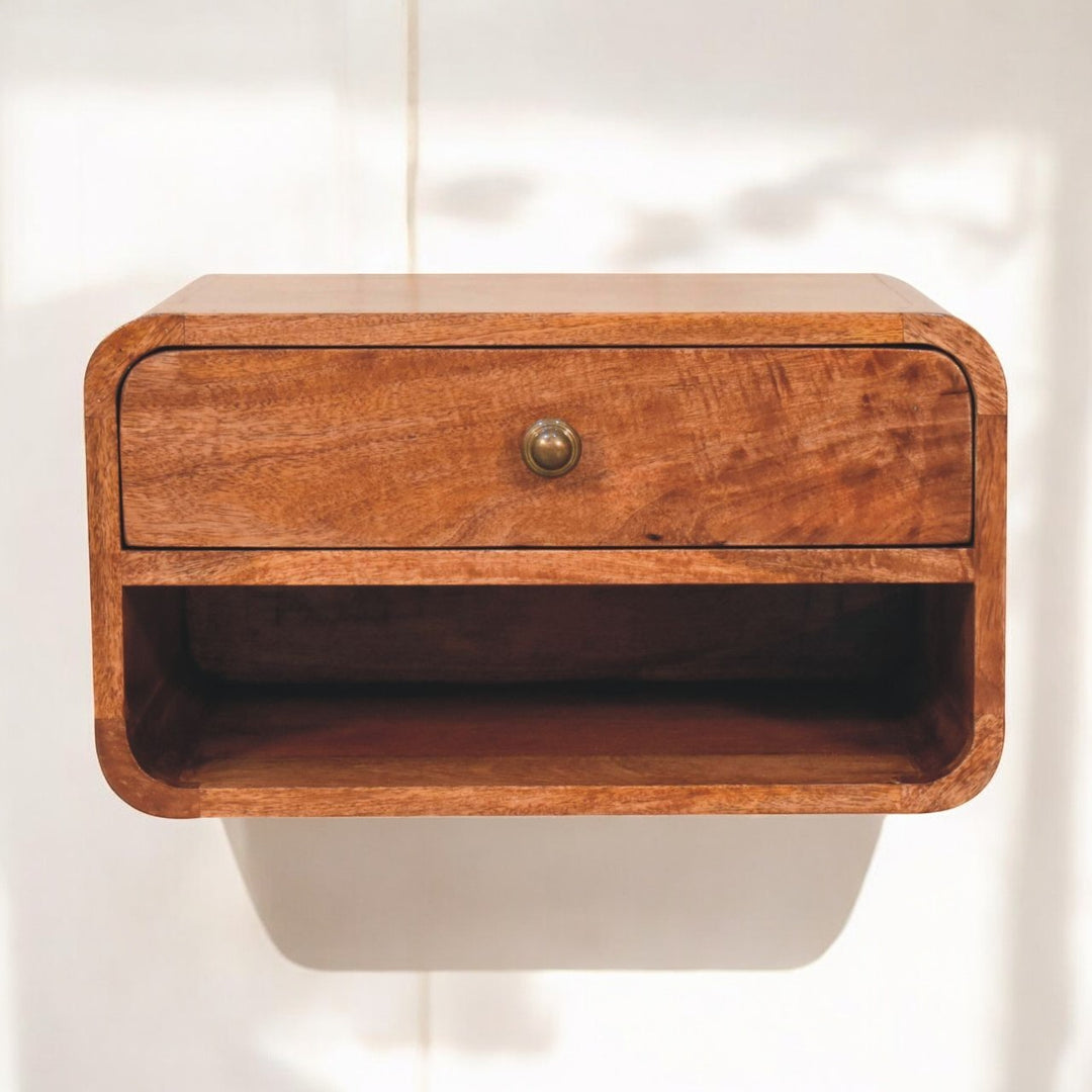 Solid Wood Curved Honey Caramel Wall-Mounted Bedside with Open Slot