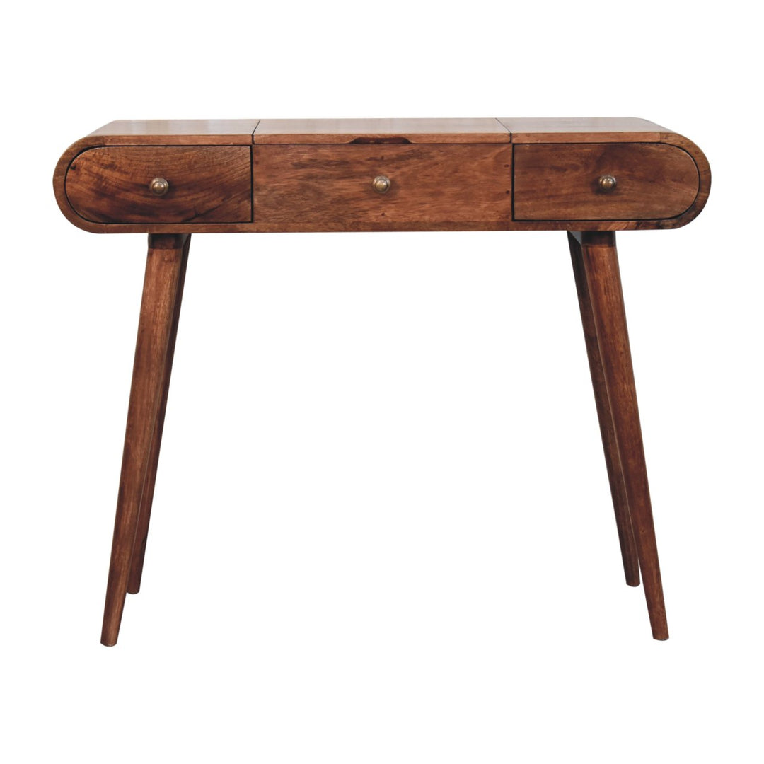 Solid Wood Honey Caramel Round Dressing Table, 2-Drawers, 4-Compartments, Nordic Legs, Brown