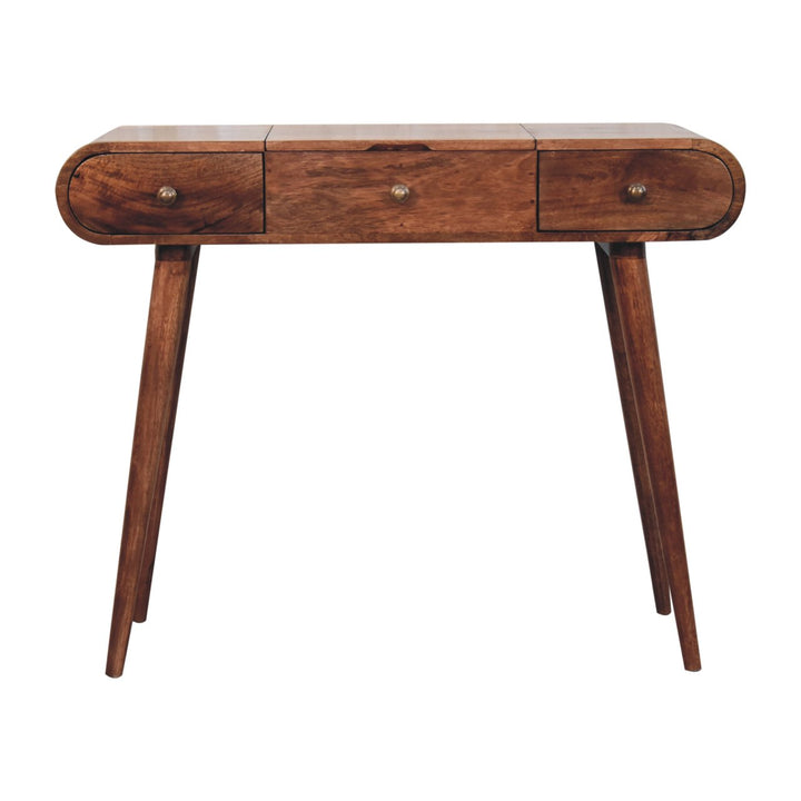 Solid Wood Honey Caramel Round Dressing Table, 2-Drawers, 4-Compartments, Nordic Legs, Brown